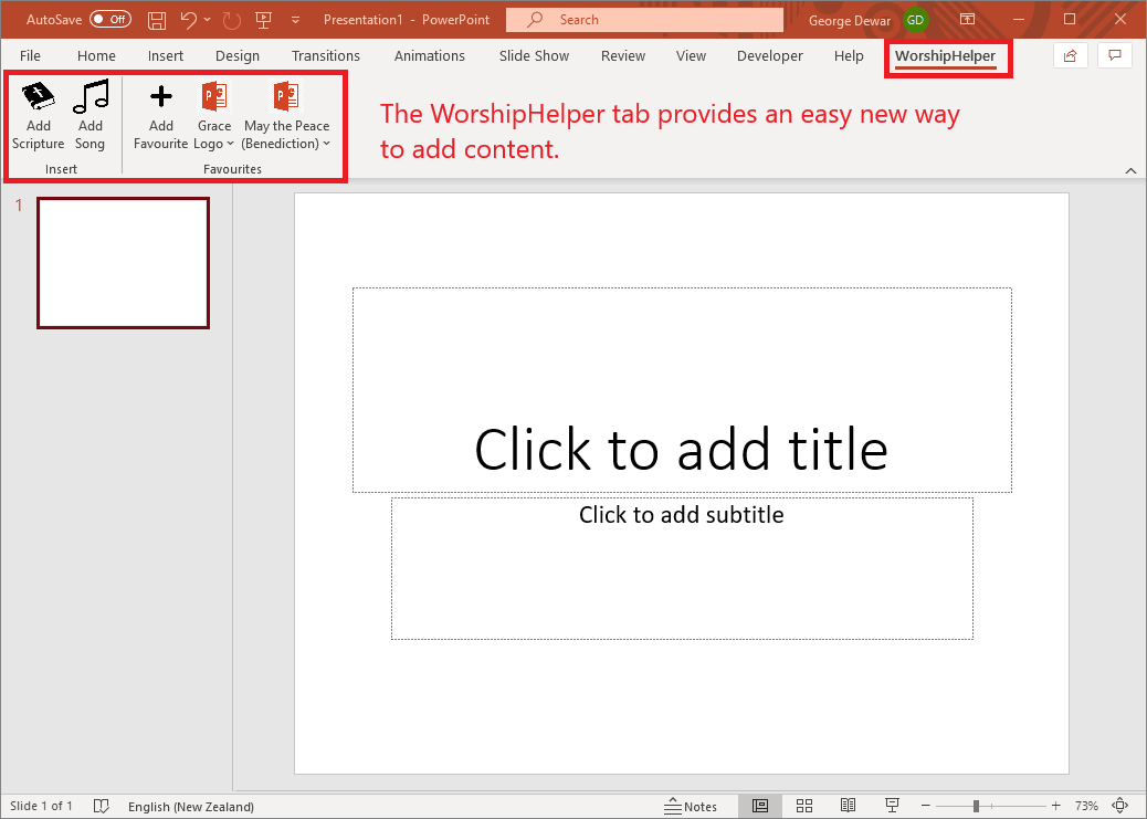 The WorshipHelper tab in PowerPoint provides an easy new way to add content